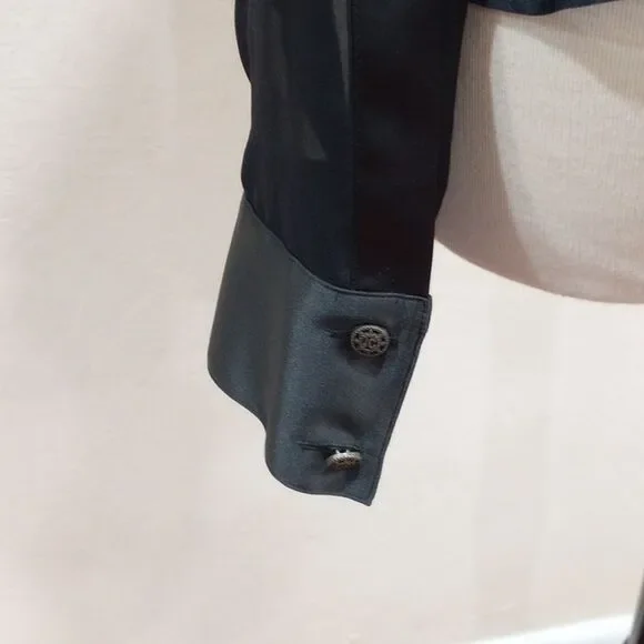 Just Cavalli Sheer Black Silk Blouse with Leopard Ruffle & Satin Trim - 44 / L - Picture 8 of 11